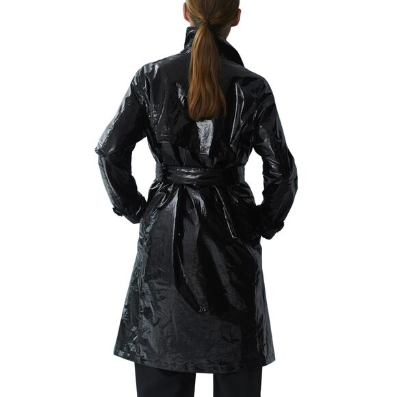 NWT Jane Post Military Trench Black Double Breasted Raincoat High Shine Black M - Picture 4 of 11